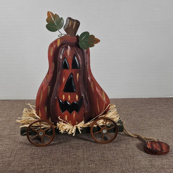 Primitive Wood Jack O Lantern On Green Hay Rack Wagon Cart. Pull-Along - Picture 1 of 10
